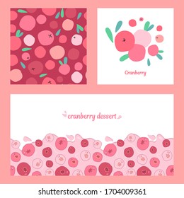 set of three templates with fresh lingonberries, cranberries and leaves on pink background. Modern abstract design for packaging, paper, cover, fabric, interior decor