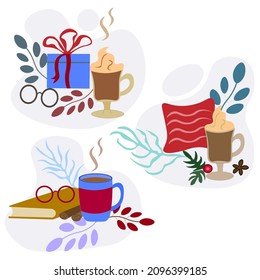 set of three templates for Happy New Year greeting cards. beautiful and festive greeting. Objects of comfort -  book, pillow,  box with bow, glasses and hot cocoa.