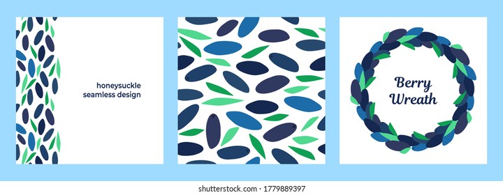 Satz von drei Meldebögen mit Honeysuckle und Blättern auf weißem Hintergrund. Kranz von blauen Wildbeeren. modernes abstraktes Design für Verpackungen, Kleiderdrucke, Gewebe
