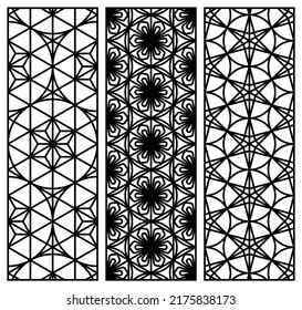 A set of three templates in the Japanese Kumiko style Geometric panels with patterns based on a hexagonal lattice .The ratio is 3x1. For metal, wood, paper carving.