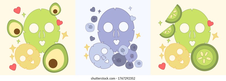a set of three templates with masks for face skin. natural skin care based on blueberry, bilberry, avocado and cucumber. Modern design for packaging, paper, fabric