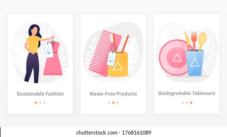 A set of three templates modern approaches to waste-free production and consumption. Innovative technologies with care for the environment. Perfect for a mobile application or website. Flat Vector