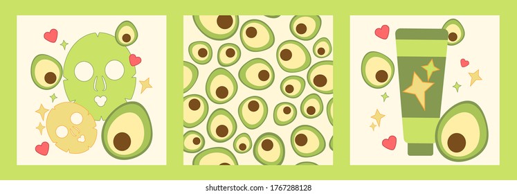 set of three templates with natural skin care based on avocado. masks and skin cream. Modern design for packaging, paper, fabric