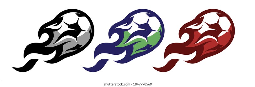 Un conjunto de tres plantillas con balones de fútbol y llamas. Elementos para el diseño. Ilustración vectorial coloreada.