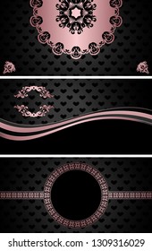 Set of three templates of vintage Templates Fashion Cards with Romantic Objects with floral round decor. Can be used for your design, luxury decoration     