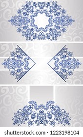 Set of three templates of vintage original cards with blue décor on silver background. Can be used for christmas design     