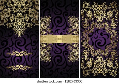 Set of three templates of vintage stylish cards with floral gold decor. Floral seamless background in violet. Can be used for your design, luxury decoration      