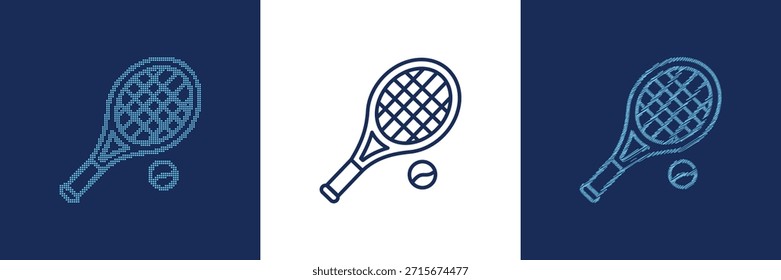 Conjunto de tres iconos de raqueta de tenis y bola aislados sobre fondo transparente