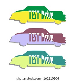 Set of three test drive stickers isolated on a white background