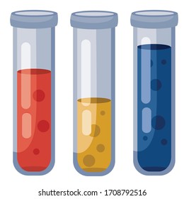 set of three test tubes with liquids of red, yellow and blue and different levels of liquid inside, isolated object on a white background, vector illustration,