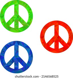 Set of three textured colored pacific peace signs in low polygonal texture