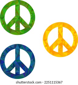 Set of three textured colored pacific peace signs in low polygonal texture