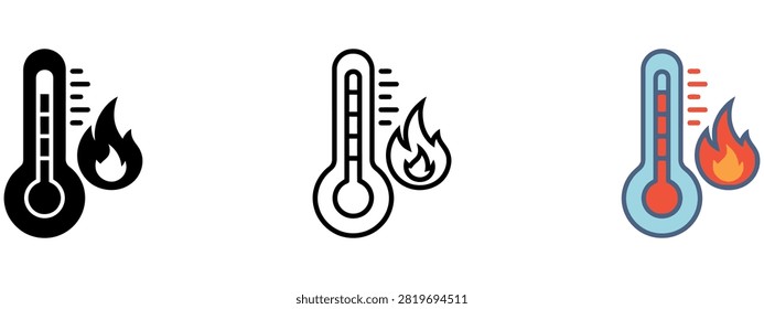 Set of three thermometer icons with fire symbols representing high heat and hot weather conditions