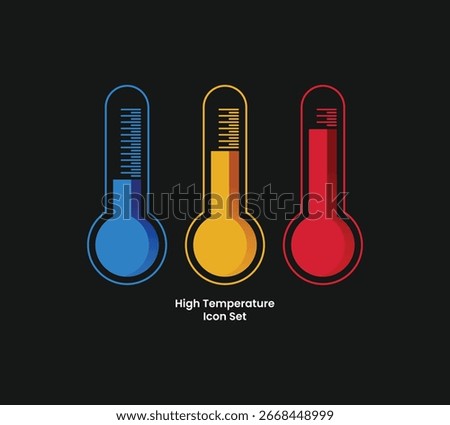 Set of three thermometers indicating high temperatures. This flat design shows blue, yellow, and red thermometers on a black background, perfect for themes of health, weather, fever, and climate