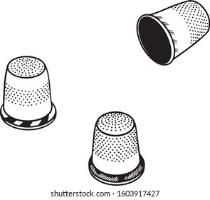 Set of three thimble. Line drawing. Vector illustration.