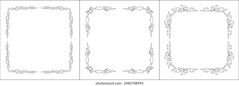 Set of three thin elegant black and white ornamental frame, decorative border, corners for greeting cards, banners, business cards, invitations, menus. Isolated vector illustration.	
