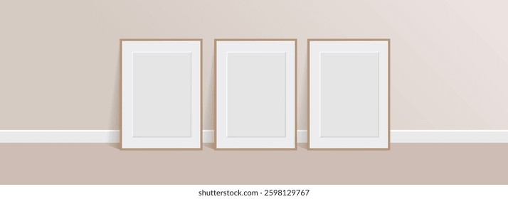 Set of three thin frames on the floor. Vector mockup in beige interior.