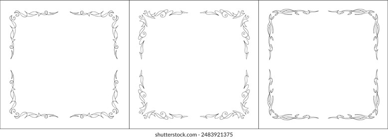 Set of three thin vector decorative frames. Black and white. Vector frame for all sizes and formats. Isolated vector illustration.	
