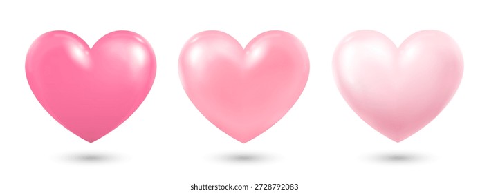 Un conjunto de tres corazones de color rosa tridimensional con reflejos y sombras sobre un fondo blanco. Iconos del corazón para su diseño. El concepto de San Valentín, amor. Vector 10.