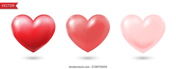 Ein Satz dreidimensionaler roter und rosa Herzen mit Highlights und Schatten auf weißem Hintergrund. 3d Herzen für Valentinstag, Muttertag, Hochzeit. Vektorgrafik.