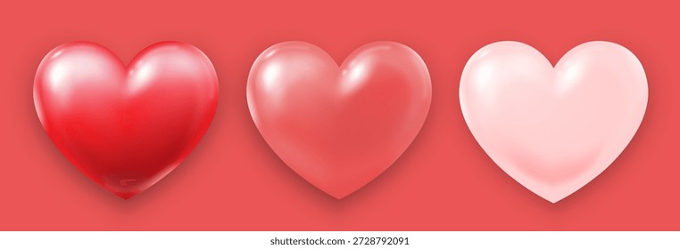 Ein Satz dreidimensionaler roter und rosafarbener Herzen mit Highlights und Schatten auf Korallenhintergrund. 3d Herzen für Valentinstag, Muttertag, Hochzeit. Vektorgrafik.