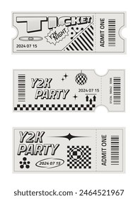 Conjunto de tres Plantillas de entradas en estilo retro de moda. Entrada de fiesta estilo Y2k con Elementos futuristas. 