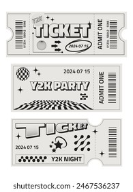 Set of three ticket templates in trendy retro style. Party ticket. Y2k style template with futuristic elements. 