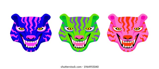 Set of three tiger faces roaring. Unreal vibrant psychedelic colors. Vector illustration isolated on white.
