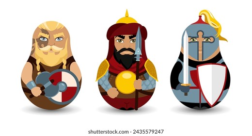 Un conjunto de tres el Juguete Inclinable. Guerreros de diferentes épocas y países: caballero, vikingo y mameluco. Juguete inclinable de diseño. Muñecas kawaii modernas para tu proyecto empresarial