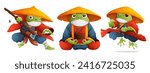 A set of three toads in the form of kung fu masters in a red and blue kimono and a yellow straw hat. A frog monk in a lotus position meditates, a green toad in a dynamic kung fu pose.