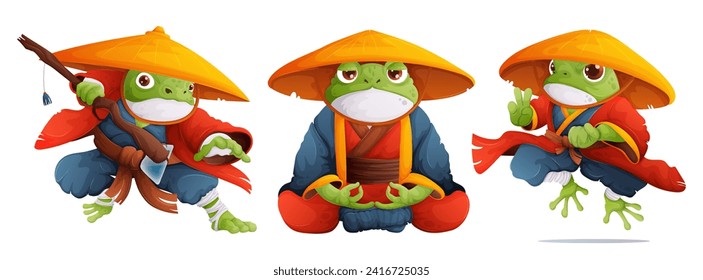 A set of three toads in the form of kung fu masters in a red and blue kimono and a yellow straw hat. A frog monk in a lotus position meditates, a green toad in a dynamic kung fu pose.