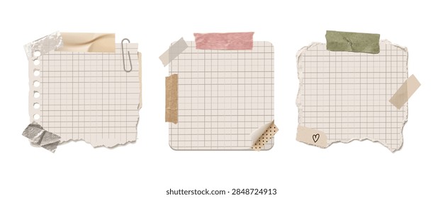 Set of three torn grid paper notes with washi tape and paper clip on white.