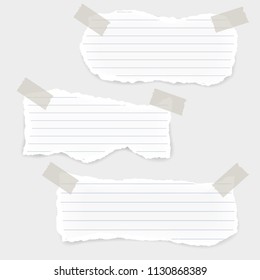 Set of three torn lined papers with glued corners with adhesive tape - vector