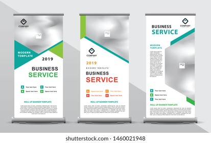 Set of three tosca roll up banner template. Modern abstract geometric design composition with portrait presentation.