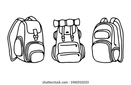 Set of three tourist backpacks. Hand-drawn image for print, sticker, web, various designs. Vector doodle illustration for travel, vacation, tourism themes