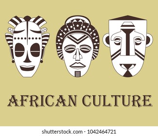 Set of three traditional African masks on a beige background.