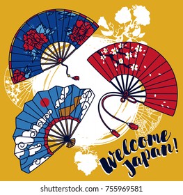 set of three traditional asian hand paper fan with beautiful ornaments, vector illustration