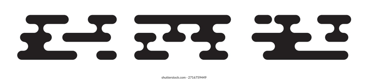 Conjunto de tres nubes tradicionales de estilo asiático inspiradas en motivos japoneses y chinos. Elementos decorativos negros sencillos para estampados y diseño. Ilustración vectorial