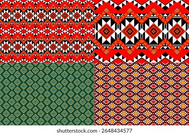 A set of three traditional Thai-inspired textile patterns in vibrant red, green, and gold tones. These modernized cultural motifs combine heritage with contemporary flair, perfect for fashion, packagi