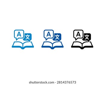 A set of three translation icons showing an open book with speech bubbles containing the letter A and a Chinese character representing multilingual communication.