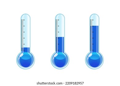 Set of three transparent blue thermometers with different levels. Cold weather. Vector illustration isolated on white background