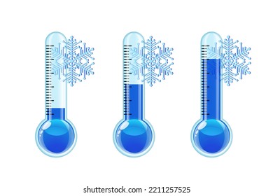 Conjunto de tres termómetros azules transparentes con diferentes niveles. El tiempo frío. Ilustración del vector aislada en fondo blanco