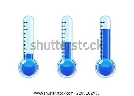 Set of three transparent blue thermometers with different levels. Cold weather. Vector illustration isolated on white background