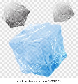 Set of three transparent ice cubes in light blue and gray colors. For your business