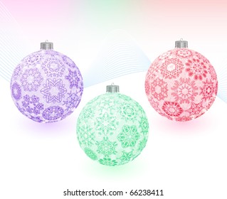 Set of three transparent multicolored christmas-balls with snowflakes texture on abstract light background. Greeting card. Vector illustration. Gradient mesh in background only include.