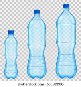 Set of three  transparent plastic bottles of various sizes and volumes with mineral water in light blue colors. Transparency only in vector file