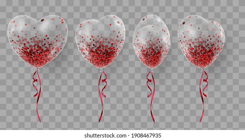 Set of three transparent realistic heart ballons, from different sides with red confetti and ribbons. Vector illustration for card, party, design, flyer, poster, decor, banner, web, advertising.