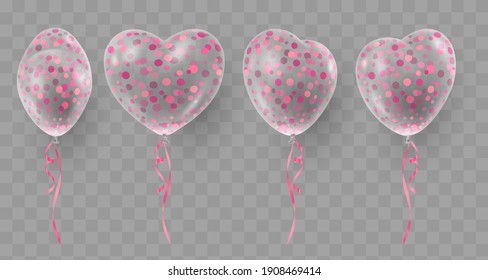 Set of three transparent realistic heart ballons, from different sides with pink paper confetti, ribbons. Vector illustration for card, party, design, flyer, poster, decor, banner, web, advertising.