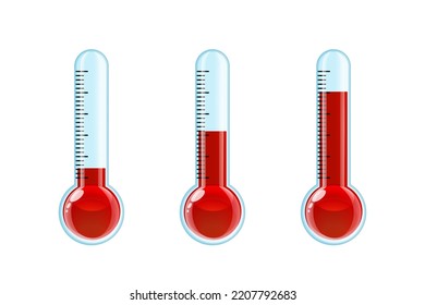 Set of three transparent red thermometers with different levels. Vector illustration isolated on white background