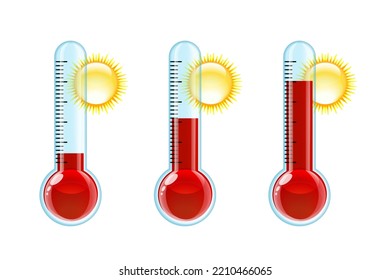 Set of three transparent red thermometers with different levels. Vector illustration isolated on white background